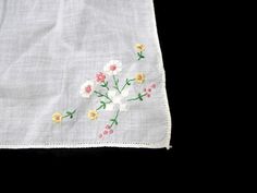 "CONDITION: excellent; pr-eowned Size: 9.5\" x 9.5\" (yellow and white) 9\" x 9\" (white and pink flowers) fabric feels like cotton hemstitched embroidered one corner with flowers and foliage (Internal Use Only: YE - h.nh / s - t.ah.nm / b-11dell.accs / *m1 / T0.3) (Internal Use Only: YE - h.nm / a.l-oh / Yn white / b-? / T0.3) (Internal Use Only: YE - h.nm / a.l-oh / Yn colored flowers / b-? / T0.3)" Vintage Embroidered Summer Handkerchiefs, Summer Embroidered Cotton Handkerchiefs, Summer Cotton Embroidered Handkerchiefs, White Embroidered Flower Shaped Handkerchiefs, White Embroidered Flower-shaped Handkerchiefs, Spring Cotton Handkerchiefs With Floral Embroidery, White Cotton Handkerchiefs For Spring, White Flower-shaped Handkerchiefs For Spring, White Flower Shaped Handkerchiefs For Spring