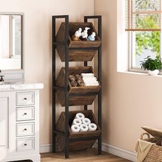 the bathroom is decorated in white and brown tones with natural wood accents, such as shelving