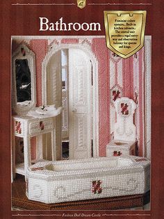 an advertisement for a doll house with furniture and accessories in the front, including a crocheted bed