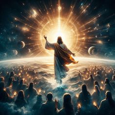 jesus standing in front of a large group of people with his arms wide open, surrounded by bright lights