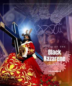 the cover of feast of the black nazarne, with an image of jesus carrying the cross