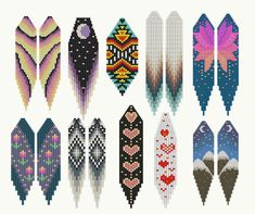 an assortment of bead designs on different types of beads and shapes, including long tails