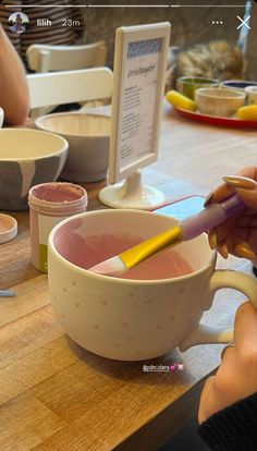 Pottery cute aesthetic clean girl vanilla Fun Mugs Ceramic, Preppy Pottery Painting, Pink Pottery Painting Ideas, Color Me Mine Date, Pottery Painting With Friends, Easy Ceramic Painting Ideas, Pottery Painting Ideas Mugs, Pottery Painting Aesthetic, Pottery Painting Bowl