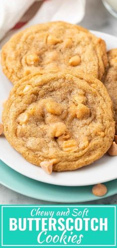 three cookies on a plate with the words, chew and soft butterscotch cookies