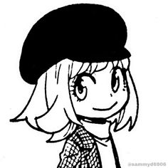 a drawing of a girl in a hat and jacket with the word q on it