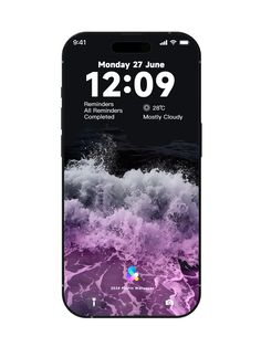 an iphone with the time displayed on it's screen and water splashing around