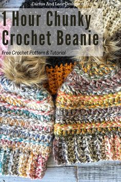 two crochet beanies with text that reads hour chunky crochet beanie