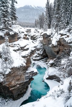 a river flowing through a snow covered canyon