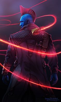 an image of a man with red and blue hair wearing a futuristic suit, standing in front of a dark background