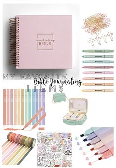 an assortment of pastel colored pencils and paper with the words my favorite bible journal