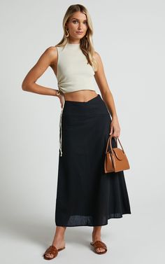 Sundry Midi Skirt - Linen Look High Waisted Cross Front Detail Skirt in Black | Showpo USA Chic Gathered Maxi Skirt For Summer, Chic Flared Maxi Skirt For Beach, Chic Spring Wrap Skirt With Gathered Detail, Chic Flared Maxi Skirt For Vacation, Chic Gathered Maxi Skirt For Day Out, Versatile Relaxed Summer Mini Skirt, Versatile Midi Skirt For Summer, Versatile Asymmetrical Summer Maxi Skirt, Versatile Relaxed Mini Skirt For Summer