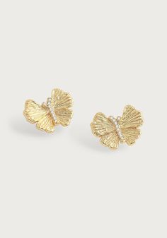 These hand sculpted butterfly studs are crafted in 18k gold dipped brass and accented with hand-set crystals. These beautiful and exquisitely made earrings are timeless addition to your everyday wardrobe. Cute Gold Butterfly Earrings, Gold Butterfly Earrings Fine Jewelry, Luxury Gold Butterfly Earrings, Gold Butterfly Charm Earrings, Elegant Gold Butterfly-shaped Earrings, Butterfly Earrings Stud, Butterfly Jewelry, Hanging Earrings, Gold Dipped