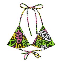 Elevate your rave style with One Stop Rave's exclusive Candy Acid Recycled Triangle Top! This mesmerizing set boasts a trippy print featuring the word "acid" melting in pink, green, white, and yellow hues against a bold black background. Made from soft recycled polyester with double-layering and UPF 50+ protection, this top ensures both comfort and style all summer long. The top comes with removable padding for added comfort, and you can customize your look with multiple ways to tie and style the straps. Join the sustainable fashion movement with this made-to-order triangle top, reducing overproduction and making thoughtful purchasing decisions! - Exclusive Candy Acid design from One Stop Rave - perfect for ravers and trippy vibes. - Made from soft and stretchy recycled polyester with UPF Rave Candy, Outfit Rave, Rave Style, Yellow Hues, Rave Outfit, Mini Hands, Triangle Top, Rave Outfits, Bold Black