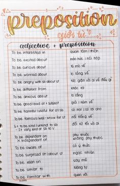 an open notebook with writing on it and the words preposition written in different languages