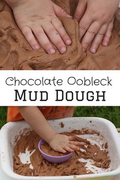 chocolate cobble mud dough in a white bowl with hands on top and the words, chocolate cobble mud dough