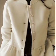 Button Down Jacket With Great Detail. Peplum Style That Contours The Waist And Add A Very Feminine Look. Soft Ivory Fabric. Street Style Jacket, Casual Winter Coat, Elegant Jacket, Long Sleeve Outerwear, Wool Peacoat, Casual Vest, Long Sleeves Coats, Woolen Coat, Solid Clothes