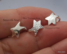 Star Cuff Earring is designed to curl around ear upper Helix cartilage area or Conch area. Ear cuff 16 gauge or 19 gauge piercing.  Free-form star Sterling silver, uneven 5 pointed star. Contact me for 14K gold is also available in yellow, white and Rose. I offer this star in three Pattern finishes- Brushed, shiny or Hammered This is not a clicker earring but I do offer it in my shop, see link below!  Star measures 11m x 8mm  (5/16" x 7/16") Helix-Shorter post for upper Helix area (1/4" opening Gauge Piercing, 5 Pointed Star, Earring Star, Ear Cuff Piercing, Homemade Stuff, Helix Earring, Cuff Earring, Dot Texture, Conch Earring