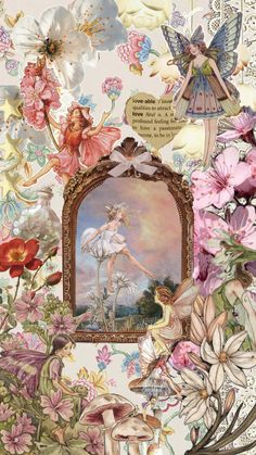 an artistic painting with flowers and fairy figures