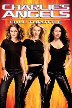 the movie charlie's angels is shown with two women standing in front of an orange background