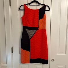 Red, Black, Orange Dress. Never Worn! Nwot. Would Be Nice With Tall Boots And Black Hosiery. Or Just Black Pumps/Heels. Fits More Like A Size 2. Fitted Orange Mini Dress For Work, Red Knee-length Office Mini Dress, Red A-line Office Dress, Red A-line Dress For Office, Red Summer Office Dress, Red Sleeveless Office Dress, Just Black, Black Pumps Heels, Be Nice