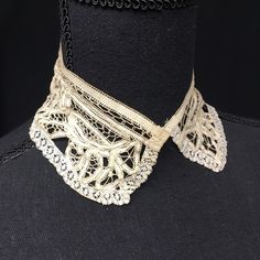 "Antique Handmade Battenburg Tape Lace Collar - handmade antique lace Collar - tape laces stitched together - Victorian / Edwardian style - machine lace edge Motifs: Leaves / Points Fiber: Cotton Colors: Tan / Natural ✂------ M E A S U R E M E N T S ------- Across inside neckline: 13\" Width across bottom: 14\" Height at center: 3\" 🔎-------- C O N D I T I O N ------- Good vintage condition. Notes: A few age spots. One small hole on the neckline edge. One side is more pointed, the other side mo Victorian Lace For Vintage Events, Vintage Cotton Lace For Wedding, Fitted Victorian Lace With Lace Trim, Wedding Lace Collar, Vintage Fitted Beige Lace, Victorian Crochet Lace, Vintage Lace Collar, Edwardian Style, Antique Buttons