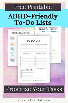 Three printable files with the text overlay "Free Printable ADHD to-do lists, Prioritize Your Tasks, honestlyadhd.com." Homework Planner, Free Planner Templates, Study Planner Printable, Planner Pdf, Planner Printables Free, Free Planner, Printable Templates, Templates Printable Free, Planner Organization