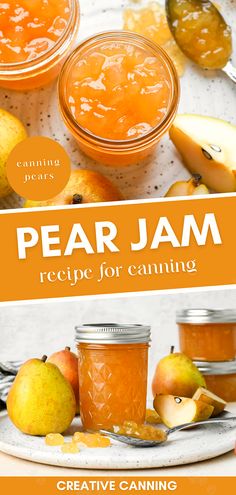 the recipe for canning pear jam is shown on a plate with spoons and apples