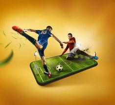 two men are playing soccer on a cell phone with an image of the same player