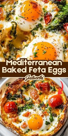 an egg and cheese pizza on a plate with the words mediterranean baked feta eggs