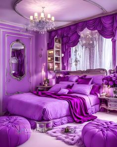 a bedroom with purple walls and furniture in the room is furnished with chandelier