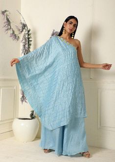 Ash Blue One Shoulder Tunic/Palazzo Set of 2 - Trendroots Summer Blue Palazzo Set With Dupatta, Blue Palazzo Set With Dupatta For Summer, Traditional One-shoulder Set With Dupatta, Traditional One-shoulder Festive Sets, Festive Traditional One-shoulder Set, Blue Sleeveless Chikankari Embroidery Set, Blue Sleeveless Sets With Chikankari Embroidery, Blue Sleeveless Set With Chikankari Embroidery, Blue Palazzo Set For Spring Party