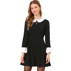 This mini dress features with contrasting Peter Pan collar and cuffs with lace and falls to a floaty hem. This above knee-length style is fitted at the bust and waist and has a flared skirt. Perfect for Christmas Party, Cosplay Party, etc. Fitted waist and a-line silhouette, it's perfect to match with high-heel or sneakers for vintage and casual charming style. Wednesday Addams Costume, Peter Pan Dress, Button Decor, Peter Pan Collar Dress, Goth Dress, Fantasias Halloween, Halloween Women, Pan Collar, Halloween Costumes Women