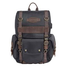 Harley-Davidson Ponderosa Ballistic & Leather USB Backpack - Black, 93813-BLACK. Rugged backpack made of super strong 1680 Denier Ballistic Nylon with Genuine Crazy Horse leather trim. Ballistic Nylon is virtually indestructible (can be punctured, but tear-resistant & water-repellant). Antique brass hardware. External USB port on side of backpack for convenient charging on the go. One exterior front pocket and two side pockets. Drawstring interior closure. Interior with two padded pockets for la Black Anti-theft Bag For Outdoor, Black Bag With Anti-theft Pocket For Outdoor, Casual Black Camera Bag For Travel, Black Anti-theft Bag For Outdoor Use, Black Rectangular Backpack For Outdoor, Rectangular Black Backpack For Outdoor, Black Leather Backpack For Outdoor Activities, Casual Black Leather Backpack For Outdoor Activities, Casual Black Leather Backpack For Outdoor