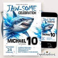 a flyer for a shark birthday party with an image of a shark on the front and back