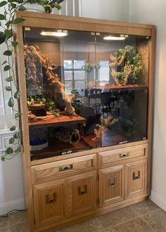 a fish tank sitting on top of a wooden cabinet next to a plant in a room