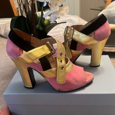 Stunning Miu Miu Heels Pink And Gold! Purchased For 1100 In Bergdorf Goodman. Good Condition. Worn About 2 To 3 Times. A Statement Shoe For Sure. Wear With Jeans Or Sexy Dress. Miu Miu Heels, Heels Pink, Miu Miu Shoes, Statement Shoe, Pink Heels, Bergdorf Goodman, Miu Miu, Pink And Gold, Shoes Women Heels