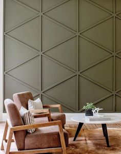 two chairs and a table in front of a wall with geometric designs on it,