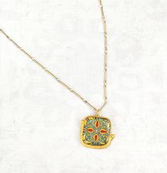 "Catalina Pottery, Spanish, Mexican & Mediterranean tile work inspired this jewelry series.  I am lucky enough to be surrounded by it where I live here on Catalina Island!  The pendant is 14k gold plated brass with my original tile design and a thick coat of shiny resin on top. The pendant hangs on a delicate, satin, gold plated brass, chain and it fastens with a lobster claw clasp. This necklace is available in 16\", 18\" and 20\" lengths" Tile Necklace, Red And Turquoise, Mediterranean Tile, Talavera Tile, Talavera Tiles, Eco Resin, Funky Jewelry, Brass Pendant, Brass Chain