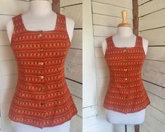 "70s Vest polyester knit metal buttons square neck and horizontal stripe print Size - S - some stretch Bust - 34\" Waist - 29\" Hips - 34\" Length - 24\" Condition - very good vintage A little wear on a couple of the buttons - see photo" Fitted Orange Vest For Summer, Fitted Orange Summer Vest, Fitted Casual Orange Vest, Casual Fitted Orange Vest, Fitted Orange Casual Vest, Casual Orange Vest, Fitted Orange Vest For Fall, Fitted Orange Vest For Spring, Fitted Casual Vest With Buttons