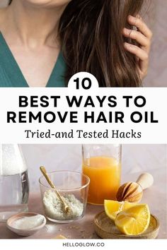 DIY remedies for removing excess hair oil, including lemon juice, salt, and water, displayed alongside a close-up of shiny, clean hair.