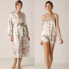 Draped in Dreams: Satin Splendor Meets Floral Fantasy Dive into a world of opulence with our exquisite robes and kimono collection. This 3-piece ensemble embodies the perfect blend of grace and relaxation. Crafted from the finest satin and rayon, it ensures a touch as gentle as a feather on your skin. The delicate floral print seamlessly accentuates the beauty of this set, making it a splendid choice for those who value sophistication. The ensemble consists of a dainty camisole, playful shorts, Boho Pajamas, Elegant Kimono, Kimono Gown, Bohemian Scarves, Silk Robes, Pyjamas Set, White Boho Dress, Boho Scarfs, Short Kimono