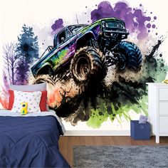 a monster truck is jumping over a bed in a room with purple and green paint splattered walls