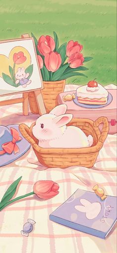 a rabbit sitting in a basket on top of a table next to books and flowers