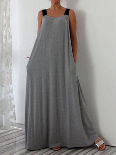 Grey Casual Collar Sleeveless Knitted Fabric Plain Cami Embellished Medium Stretch Spring/Summer Women Plus Clothing Easy Sew Dress, Wide Strap Dress, Sukienki Maksi, Long Length Dresses, Sleeveless Dresses Casual, Grey Maxi Dress, Dress For Summer, Grey Dress, Maxi Robes