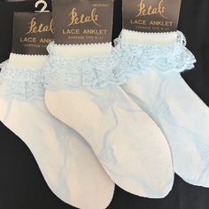 Petals Deadstock Anklet Socks With Lace Trim Set Of 3 In Baby Blue Lacy Socks, Socks With Lace, Rhinestone Tights, Blue Q Socks, Heart Tights, Disney Socks, Bobby Socks, Black Opaque Tights, Knit Wool Socks