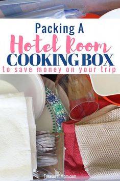 a hotel room cooking box with the title packing a hotel room cooking box to save money on your trip