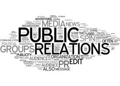 the word public relationss is shown in black and white with other words surrounding it