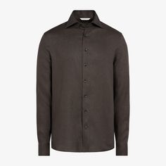 This breezy dark brown button-up shirt is tailored slim with soft collar interlining, a sleek French placket, and a slightly curved hem that makes it perfect for casually wearing untucked. Brown Lapel Collar Top For Work, Semi-formal Collared Linen Top, Elegant Brown Business Tops, Elegant Brown Business Top, Collared Linen Top For Semi-formal Occasions, Brown Shirt With Welt Pockets For Work, Brown Spread Collar Tops For Work, Brown Shirt With Welt Pockets And Spread Collar, Formal Brown Button-up Shirt