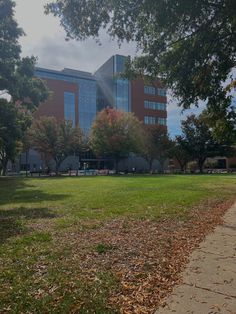 a large building sitting next to a lush green park filled with trees and leaves on a cloudy day