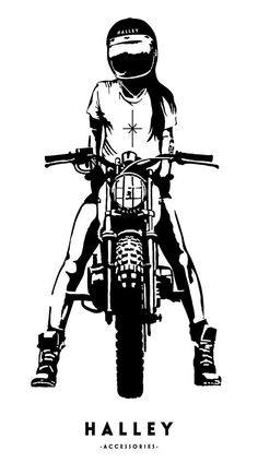 a black and white drawing of a person on a motorcycle with the words haley above it